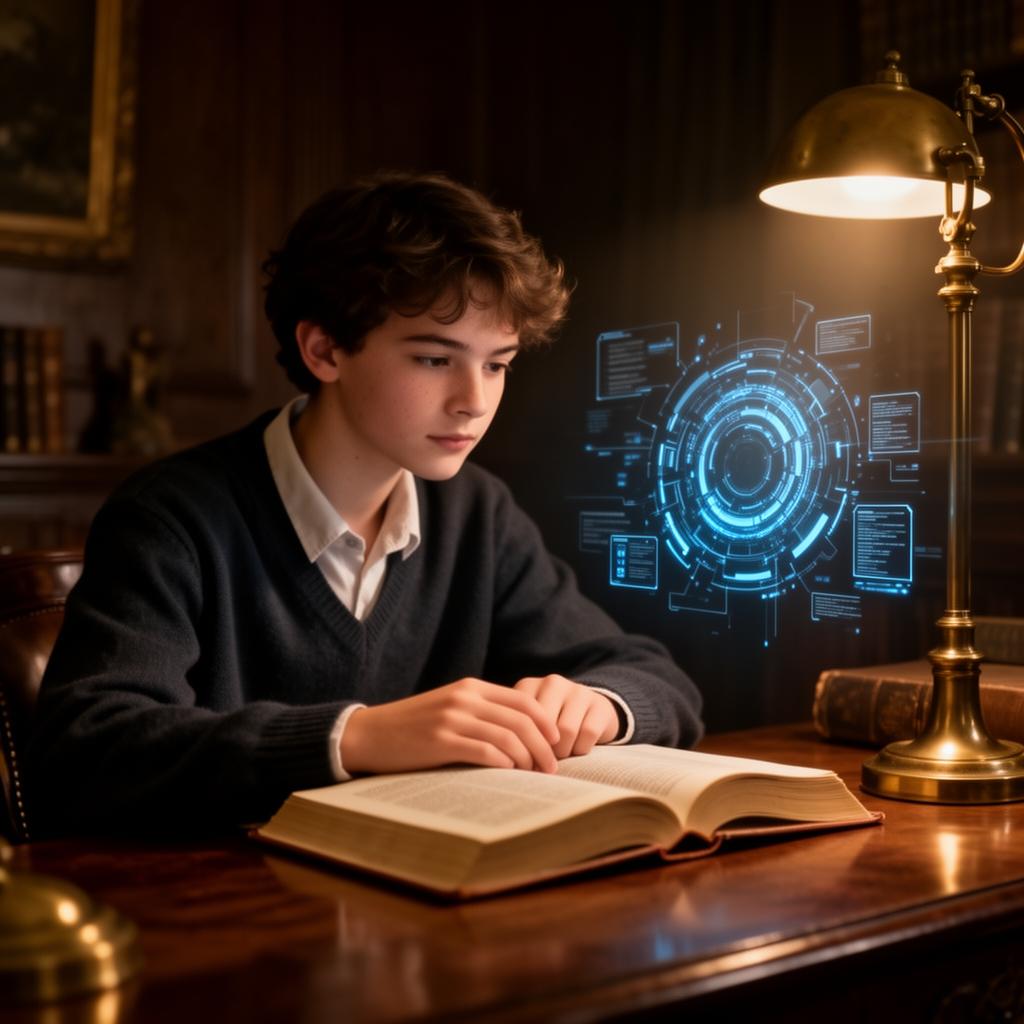 A teenager studying under warm lamplight with a subtle holographic AI panel